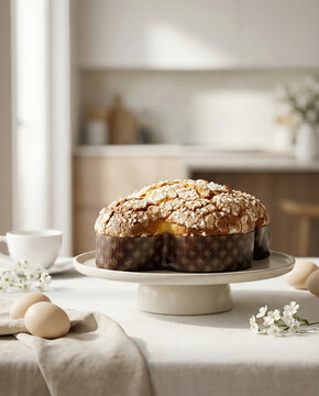 Traditional Italian Easter colomba cake on ceramic stand in bright minimal kitchen setting with eggs and white flowers, soft natural light, elegant spring still life.