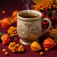 Cozy Autumn Tea Warm Drink with Fall Berries and Leaves