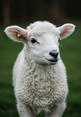 Obraz premium Adorable close-up portrait of a young white lamb standing outdoors, showcasing its exceptionally thick, soft, and tightly curled wool fleece texture ,newborn ,sweet ,innocent