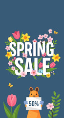 Fototapeta premium Vibrant Spring Sale Advertisement Featuring Floral Elements and Playful Cartoon Character