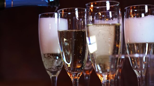 Pouring champagne into glasses for celebration at a gathering event