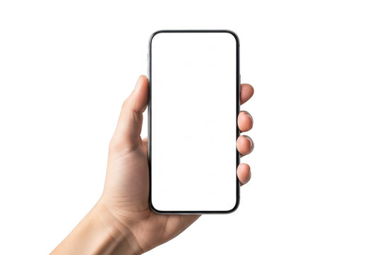 A hand holding a smartphone with a blank screen against a white background isolated on transparent background