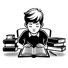 Black and White Vector SVG of a Boy Studying at a Desk