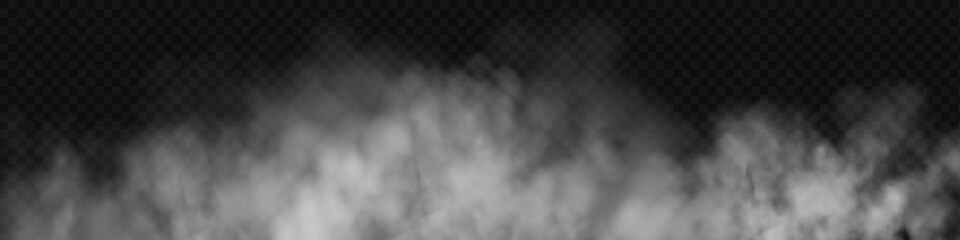 White smoke cloud with overlay effect on dark background. Realistic fog texture spreading along the floor. Atmospheric illustration of misty vapor or haze with dramatic light effect. © gala