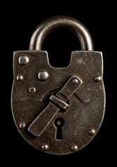 A rusty, antique padlock with an intricate mechanism suggesting a long-hidden secret or a difficult challenge to solve ,rusty ,shackle ,security
