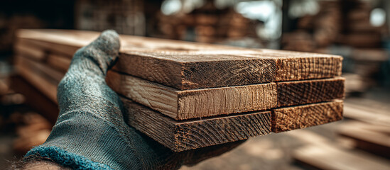 hand holding stacked lumber planks