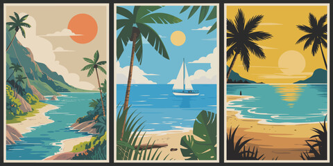 Obraz premium Turquoise River and Ocean Poster, Featuring Winding River with Orange Sun and Sailboat on Blue Ocean