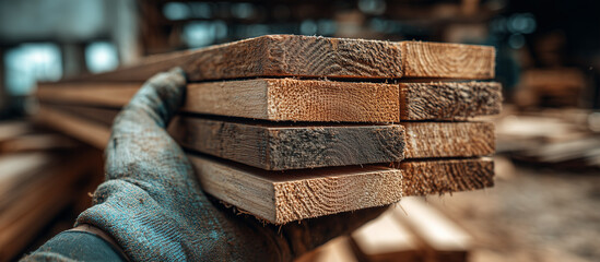 hand holding stacked lumber planks