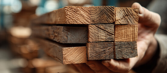 hand holding stacked lumber planks