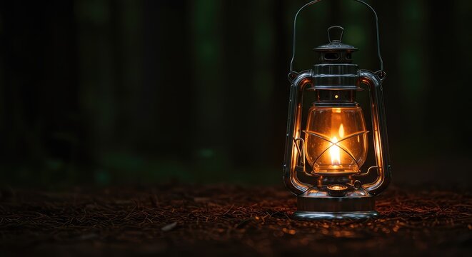 A vintage metal lantern glowing softly in the dark woods, providing warmth and guiding the way through the shadows and deep gloom ,object ,hiking ,equipment