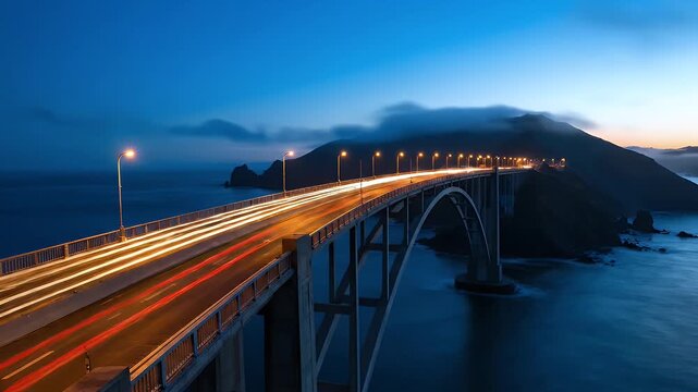 Nighttime Bridge Crossing with Traffic and Mountain.