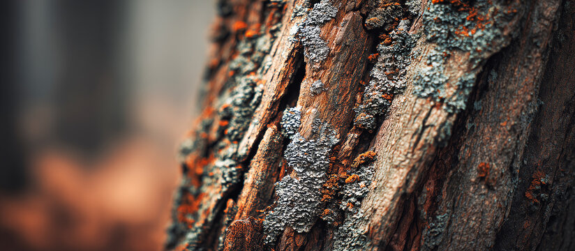 Macro texture of old oak tree bark with moss on a soft blurred forest background for rustic nature design