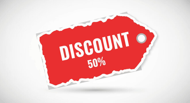 Red discount label with torn edge and 50 percent text on white background viewed from directly above