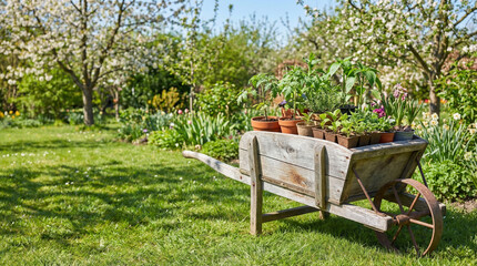 Wooden wheelbarrow filled with plants in a vibrant garden  