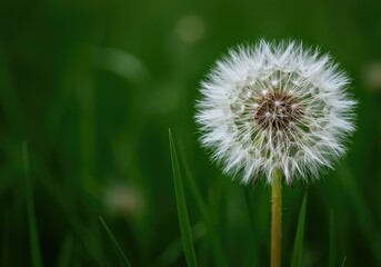 Fototapeta premium Detailed image of a fluffy white dandelion seed head, also known as a blowball, standing tall in a vibrant green meadow symbolizing wishes ,fragile ,peaceful ,white