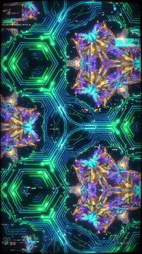Glitch Kaleidoscope Crystal Fractal over Neon Circuit Pattern Background, Glitch Kaleidoscope Crystal Fractal, Glitch Kaleidoscope Cyber Circuit Art
