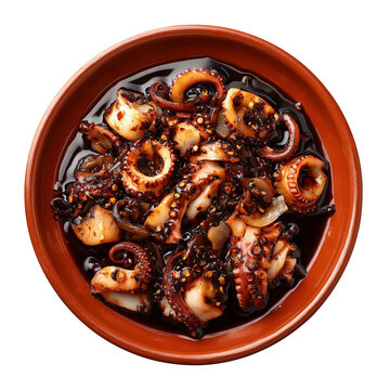  top view of filipino adobong pusit squid in black ink sauce on terracotta plate