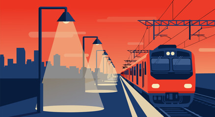 Striking modern vector illustration of a train station at sunset with city skyline and street lights © PDWN Creative