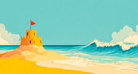 minimalist flat design of a sandcastle on a sunny beach for family summer holiday concept