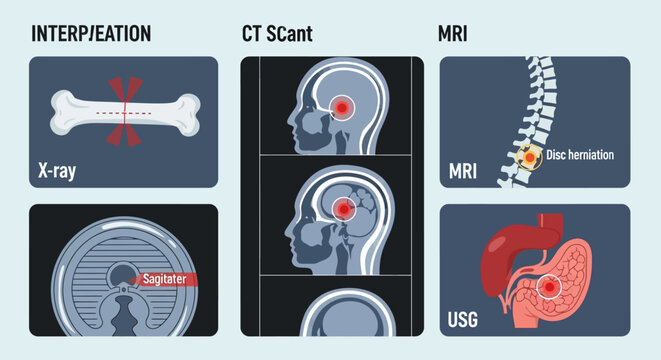 Medical imaging modalities displayed in a grid showcasing various diagnostic techniques for internal body structures