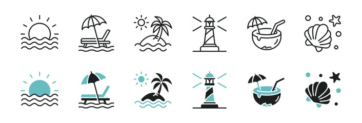 Obraz premium Summer beach tropical sea vacation icon line set. Coastal trip ocean wave with sunset and palm tree signs vector illustration