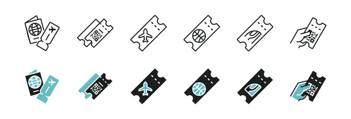 Ticket icon line set. Transportation entry pass booking voucher, train, flight, sport, concert, cinema, travel access coupon signs vector illustration