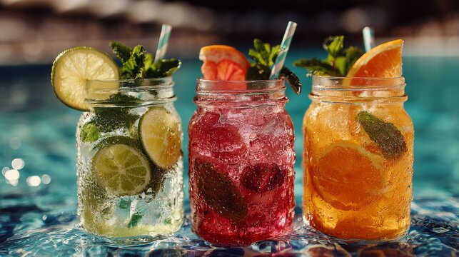 Colorful summer drinks in mason jars by the poolside with fresh fruits