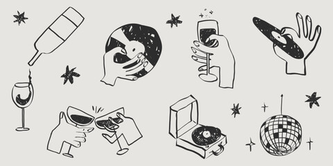 Whimsical Italian wine sketch collection with doodle style bottles and glasses. Vintage restaurant menu icons, party elements and hand drawn dinner illustrations in chalk texture. Vector illustration. © Olga Rai