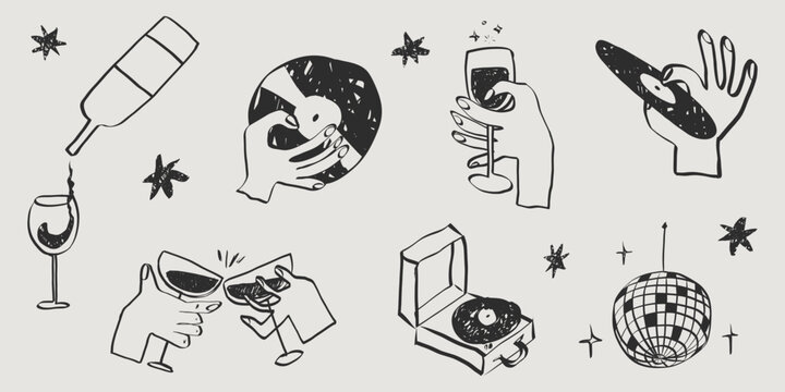 Whimsical Italian wine sketch collection with doodle style bottles and glasses. Vintage restaurant menu icons, party elements and hand drawn dinner illustrations in chalk texture. Vector illustration.