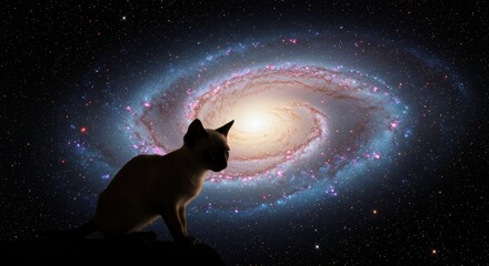 Siamese Cat Silhouetted Against a Spiral Galaxy in Space