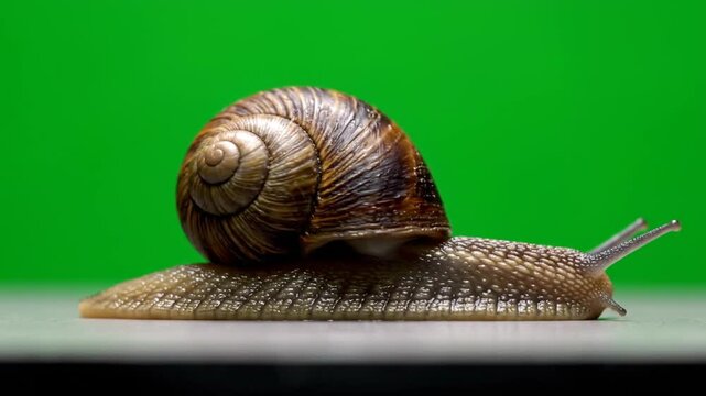 Snail on green background closeup.