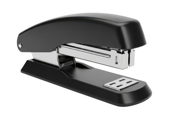 A black stapler with a clear plastic base and a silver metal body on a white background isolated on transparent background