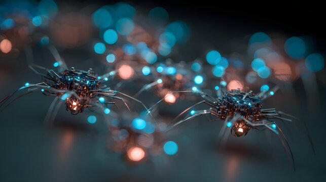 Futuristic micro robotic swarm with glowing nodes, representing artificial intelligence, autonomous systems, neural networks, nanotechnology, collective robotics, and advanced digital communication.