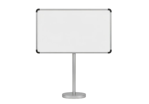 A large whiteboard with a metal frame and a gray stand on a white background isolated on transparent background