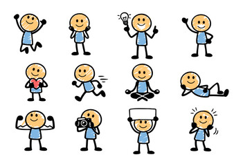 Fototapeta premium collection of stickman characters in various poses and daily life activities