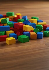 Obraz premium A chaotic heap of colorful children's building blocks scattered across a smooth wooden floor, representing mess and lack of organization ,complexity ,wood ,interior