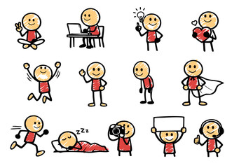 stickman characters performing different tasks like working sleeping and being a superhero