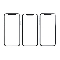 Three blank smartphones displayed side by side in a row. isolated on transparent background