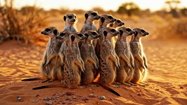 A Group of Meerkats Standing Together in the Desert at Sunset.