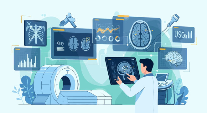 Medical professional analyzing brain scan images on various screens in a modern diagnostic laboratory setting from a slightly elevated viewpoint