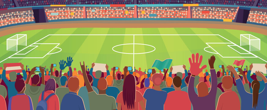 Soccer stadium. A large stadium arena with fans and a soccer field. Soccer field and fans. Soccer fans cheer their team.
