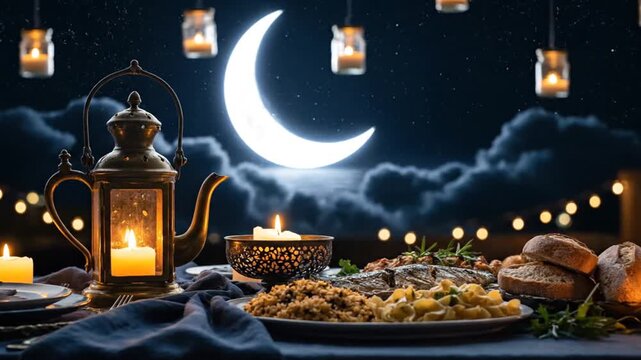 A serene nighttime feast under the light of a crescent moon with lanterns and candles on a decorated table with bread and feast