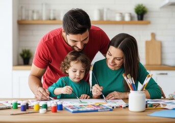 Family with a young child engaging in creative activities together at home