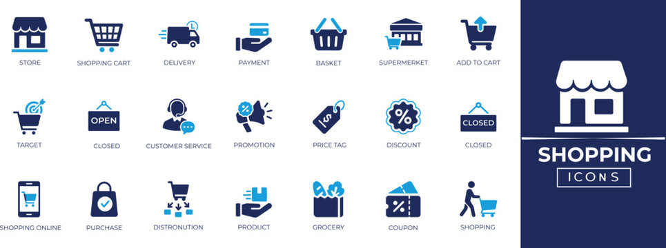 Shopping icon collection. Online shopping, tags, store, delivery, promotion, and shopping cart symbol. Editable vector icons collection.