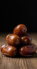 Obraz premium Close-up view of whole ripe dates piled high on a rustic wooden surface, highlighting the sweet, sticky texture and natural brown color ,natural ,agriculture ,surface