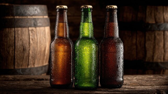 Three chilled glass beer bottles covered with condensation standing on a rustic wooden table with wooden barrels in the background, representing craft brewery and alcoholic beverage concept.