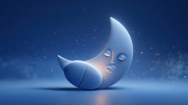 Conceptual illustration of a peaceful sleeping crescent moon combined with a pill shape, symbolizing insomnia medication, sleep aid tablets and night treatment.