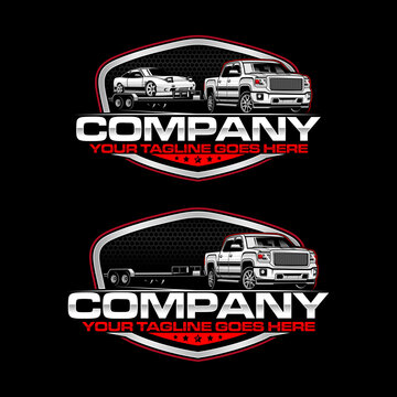Hotshot Trucking Logo with Pickup and Bumper Pull Trailer, Heavy Duty Transport Vector Illustration