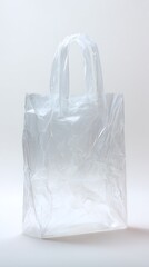 Empty clear disposable plastic bag stands upright on white surface