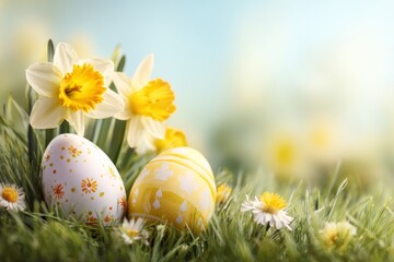 Colorful Easter Eggs with Daffodils and Daisies in Bright Spring Meadow